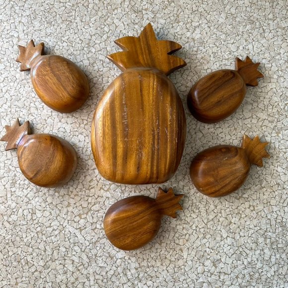 Vintage Teak Pineapple Salad Bowl Set Mid Century Modern- 6 Pieces - Picture 7 of 7